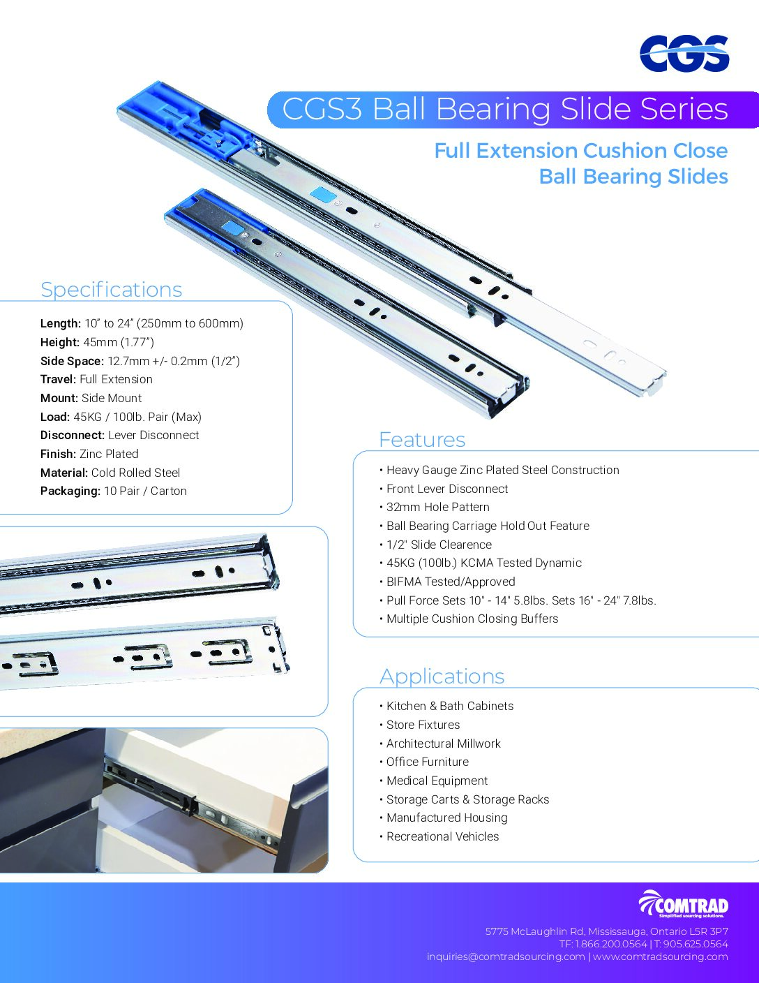 CGS3 - 100 LB KCMA Certified Cushion Close Full Extension Ball-Bearing Slide - English