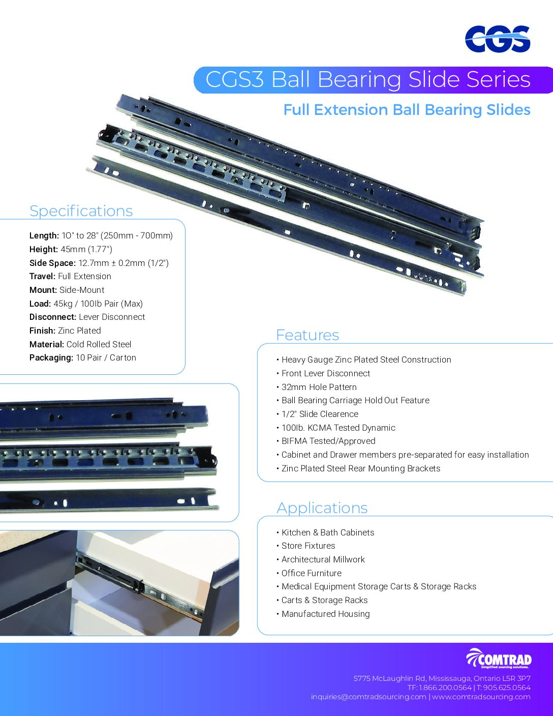 CGS 3 - 100 LB KCMA Certified Full Extension Ball-Bearing Slide - English