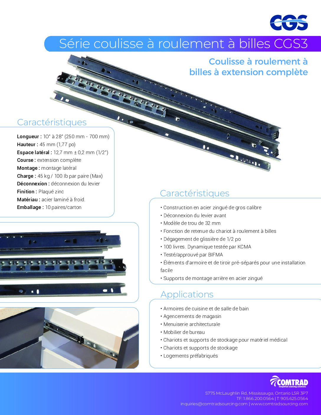CGS 3 - 100 LB KCMA Certified Full Extension Ball-Bearing Slide - FRENCH
