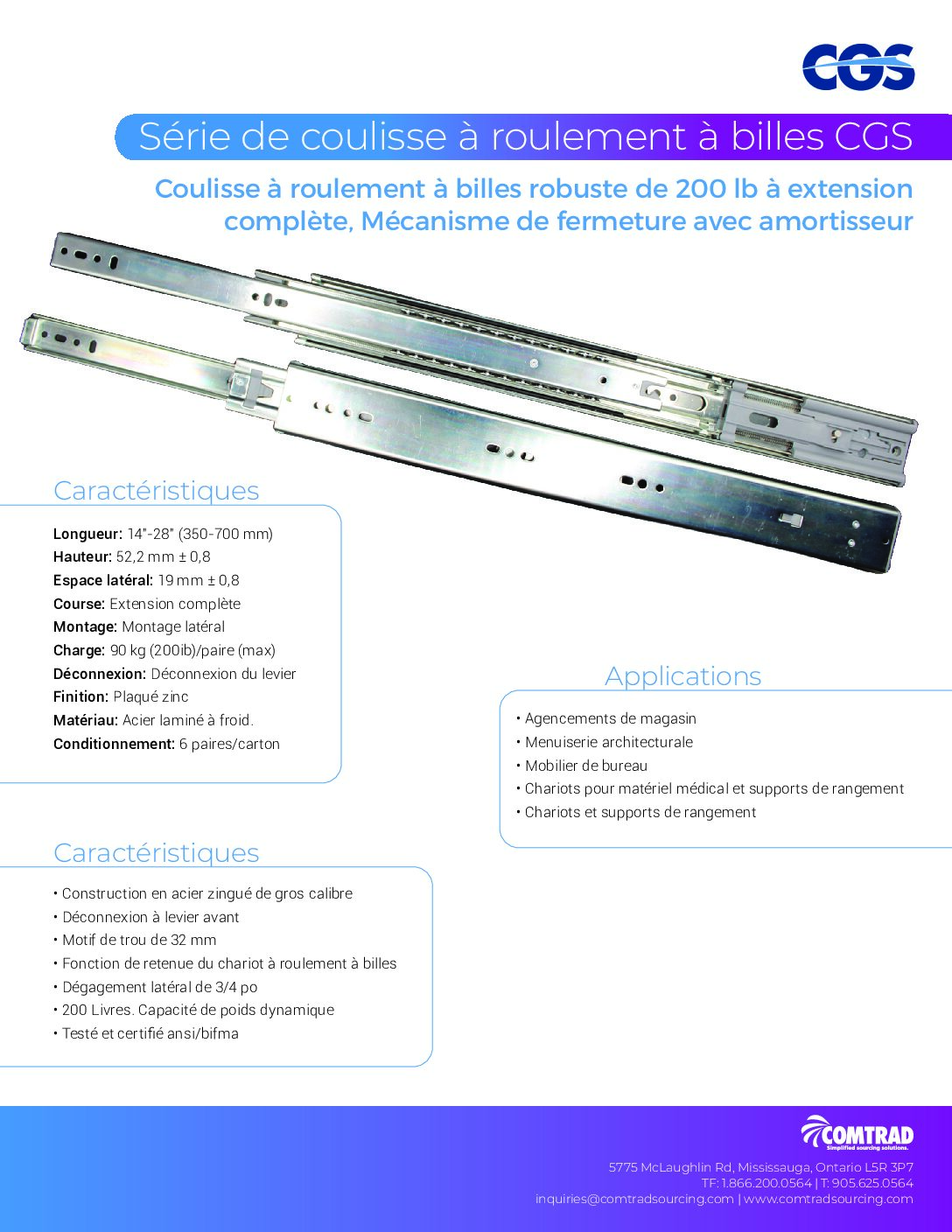 COMTRAD - Sell Sheet - 200 lb Heavy Duty Cushion Close Full Extension Ball Bearing Slides - FRENCH