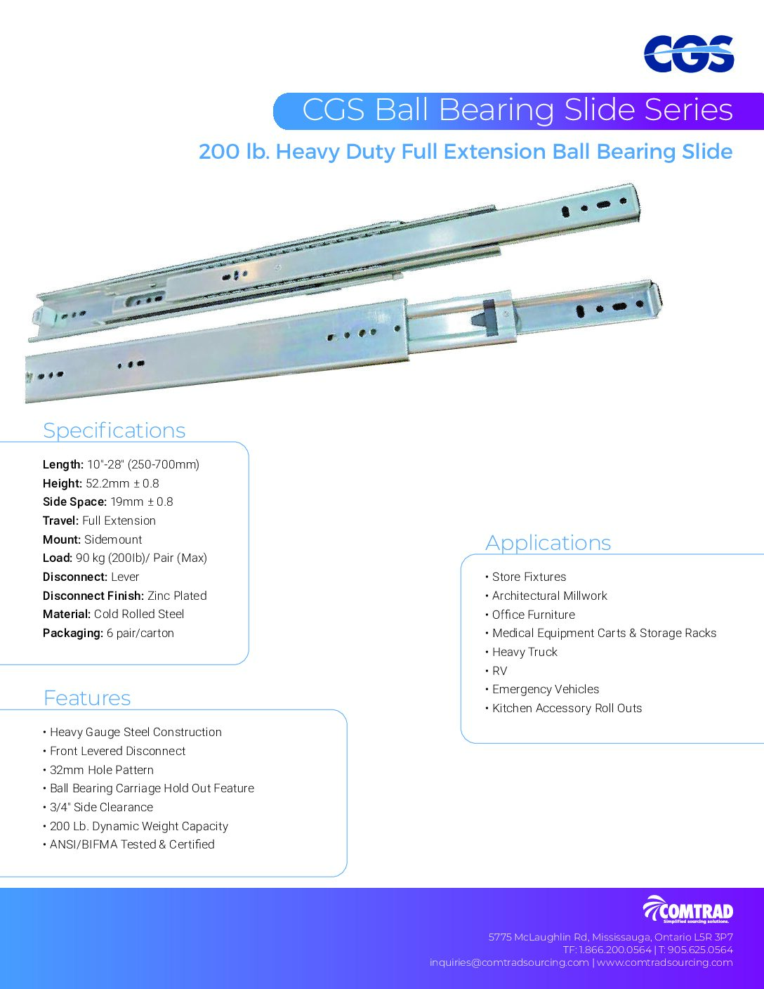 CGS - Sell Sheet - 200 lb Heavy Duty Full Extension Ball Bearing Slides - ENGLISH