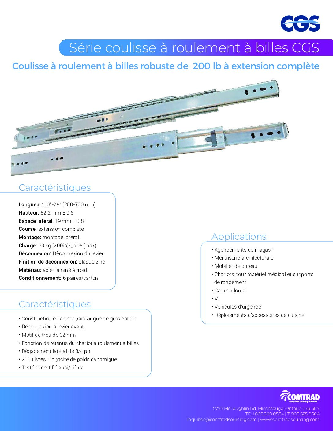 CGS - Sell Sheet - 200 lb Heavy Duty Full Extension Ball Bearing Slides - FRENCH