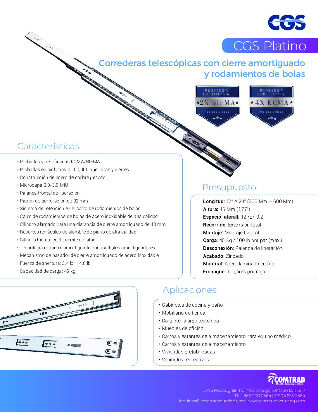 CGS Platinum - 100 LB BIFMA Certified Full Extension Ball-Bearing Slide - SPANISH